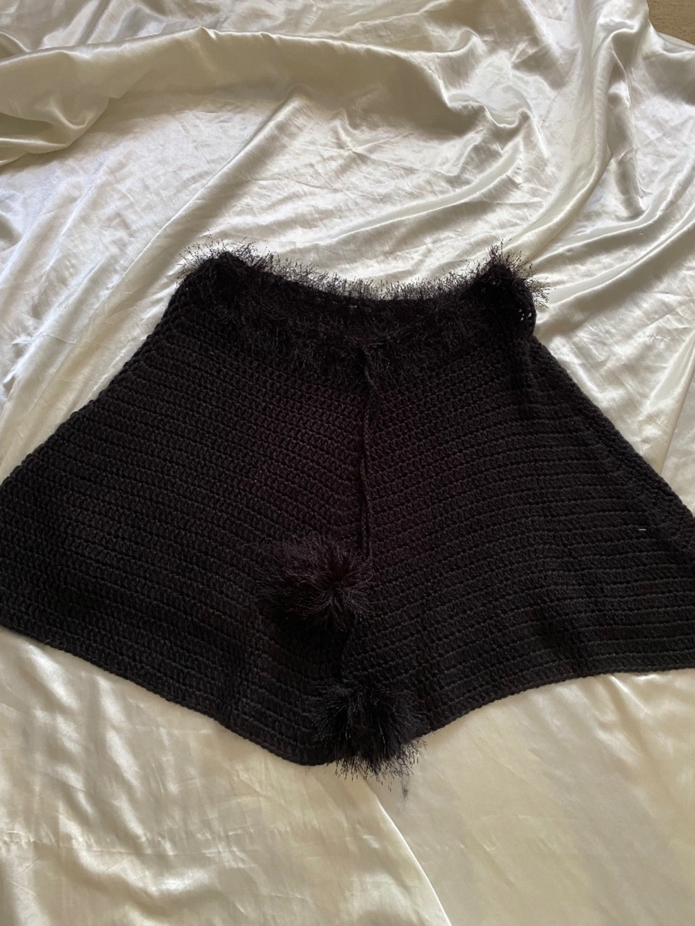 Vintage y2k Black Knit Poncho Shawl With PomPom Boho One Size